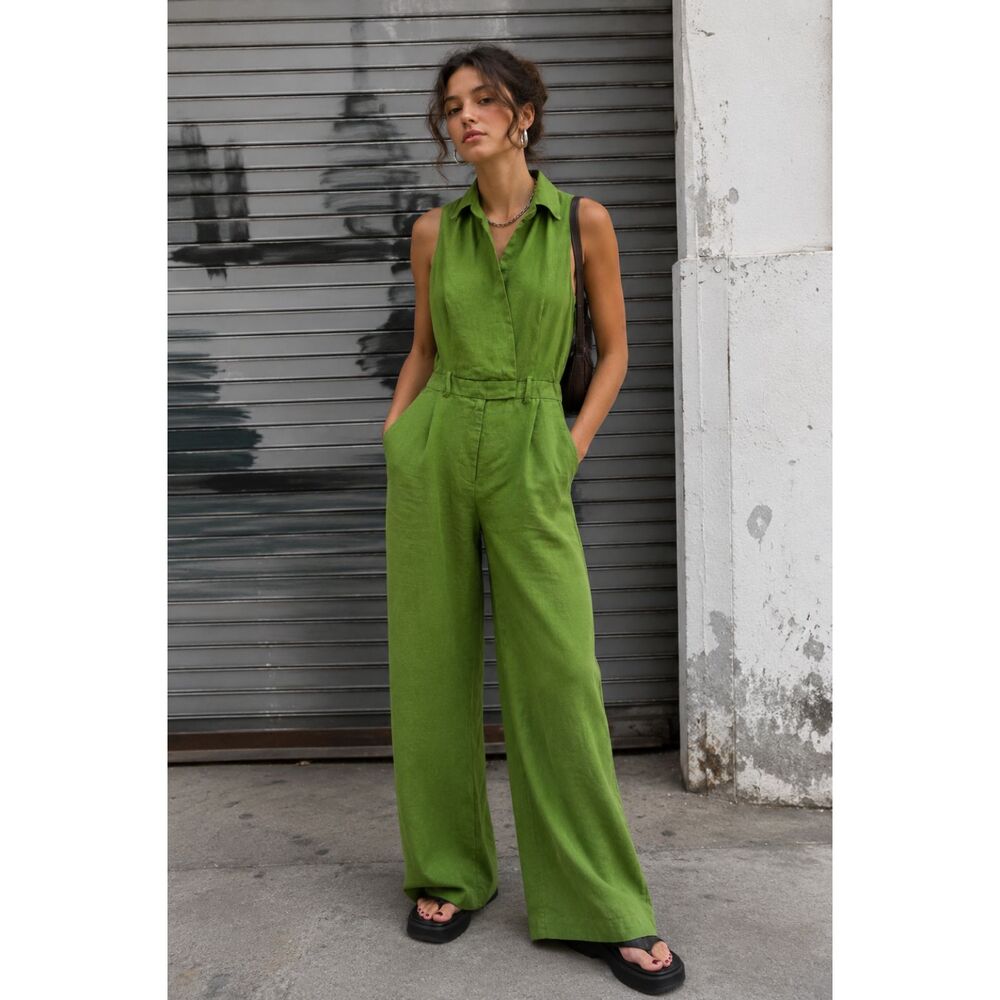 ZARA Green Linen Belted Sleeveless Wide Leg Jumpsuit Overalls Women's Size Small